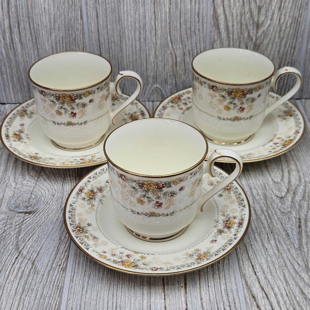Noritake Windermere Fine Bone China Tea Cup and Saucer Set of 3 Floral Gold Rim